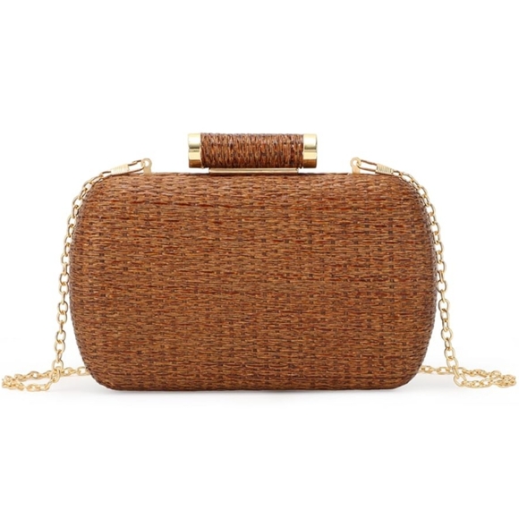 Rattan Hard Case Clutch Purse Brown Boho Woven Wicker Bag Crossbody Chain Strap - Picture 2 of 14